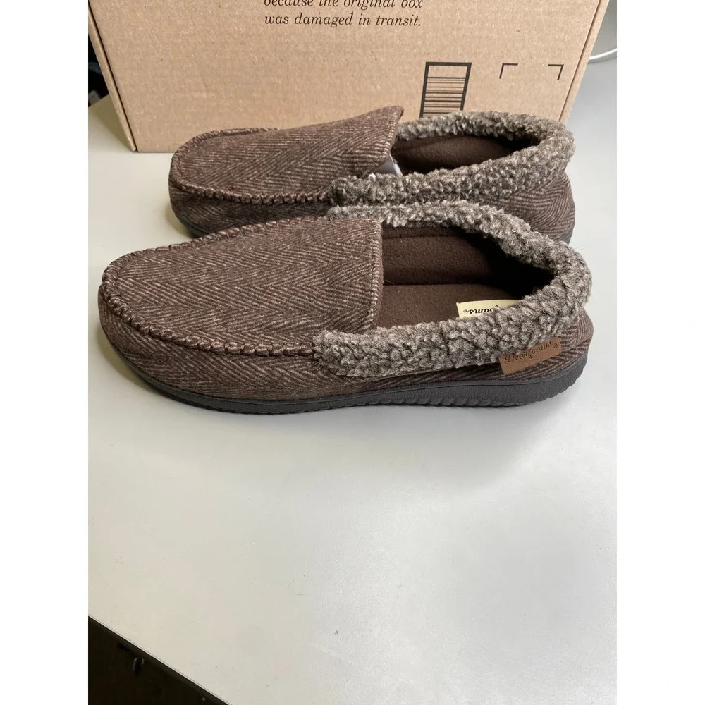 Dearfoams Mens Herringbone Clog Slippers Brown Faux Fur Trim Size L 11-12